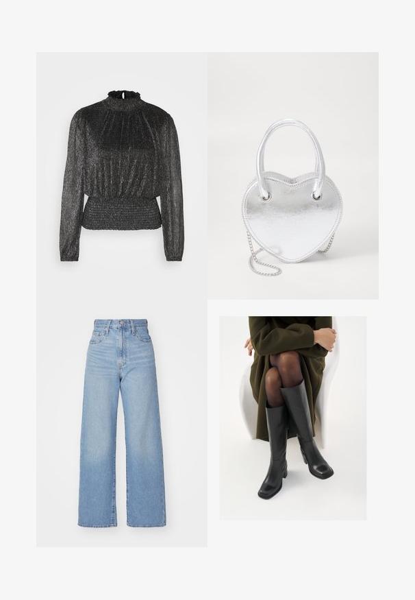 Haut noir à manches longues avec un col froncé, texture plissée et taille smockée, présentant une légère brillance métallique.; Jean large taille haute bleu clair avec bouton et fermeture éclair à l'avant, poches avant et arrière, sur fond blanc.; Bottes en cuir noires arrivant au genou, avec un bout carré et un talon carré, présentées sur un modèle assis dans un manteau vert olive. Texture lisse, détails minimaux.; Sac à main en forme de cœur métallique argenté avec deux anses, une chaîne et une texture lisse. Présente des accessoires en métal et des bords cousus.