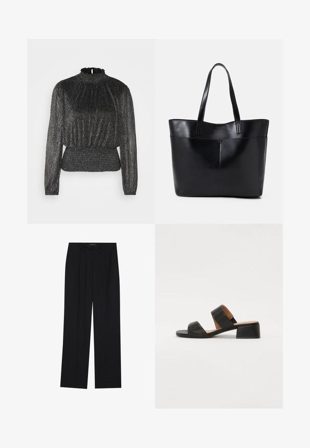 Črn dolg rokav z nabranim ovratnikom, plisejsko teksturo in smockanim pasom, ki ima subtilen kovinski lesk po celotni površini.; Črne hlače s ravnim krojem, ki imajo dva sprednja žepa in pas. Narejene so iz gladkega, lahkega materiala.; Črne usnjene sandale z dvema širokima trakoma čez stopalo, kvadratnim prstom in nizko blok peto. Gladka tekstura in minimalističen dizajn.; Črna usnjena torba z dvema dolgima ročajema, gladko teksturo in strukturirano obliko. Ima sprednji žep za dodatno shranjevanje.