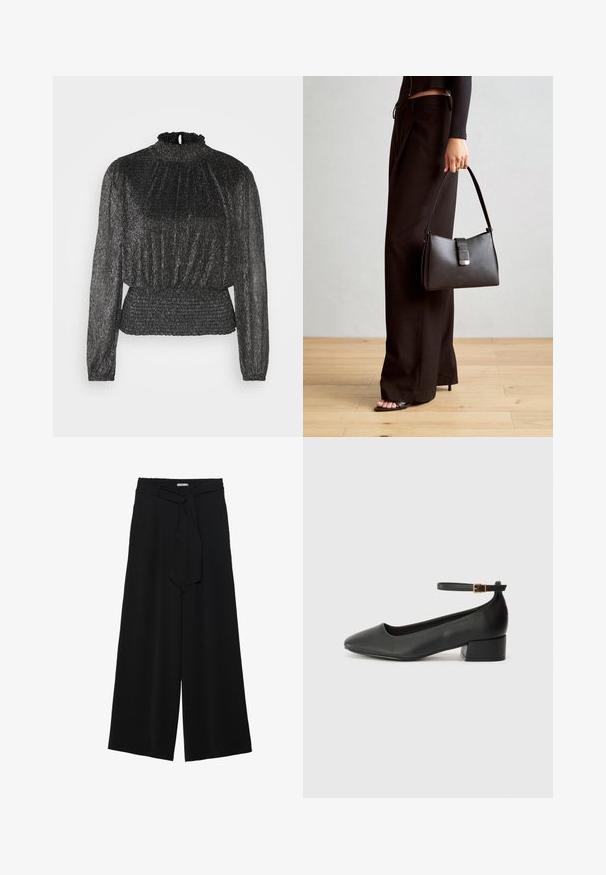 Top nero a maniche lunghe con colletto arricciato, texture plissettata e vita smock, caratterizzato da una delicata lucentezza metallica.; Pantaloni neri a gamba larga caratterizzati da un tessuto testurizzato, una vita elastica e una cintura staccabile per una vestibilità regolabile.; Pump in pelle nera con punta affusolata e tacco basso a blocco. Presenta una cinghia alla caviglia con una fibbia in tonalità oro. Texture liscia.; Borsa nera con forma strutturata, texture liscia e una chiusura metallica. Abbinata a pantaloni neri larghi e sandali open-toe su un pavimento in legno.