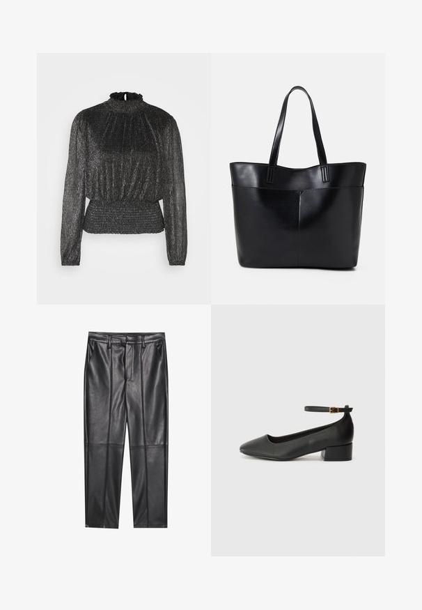 Schwarzes Langarmoberteil mit gerafftem Ausschnitt, gefältelter Textur und smockiertem Taillenbund, das einen subtilen metallischen Glanz aufweist.; Schwarze Lederhosen mit glatter Textur, gerader Passform, zwei Fronttaschen und sichtbaren Nahtdetails.; Schwarze Lederpumps mit spitzem Zehenbereich und niedrigem Blockabsatz. Mit einem Knöchelriemen und einer goldfarbenen Schnalle. Glatte Textur.; Schwarze Leder-Shopper-Tasche mit zwei langen Griffen, einer glatten Textur und einer strukturierten Form. Verfügt über eine Vordertasche für zusätzlichen Stauraum.