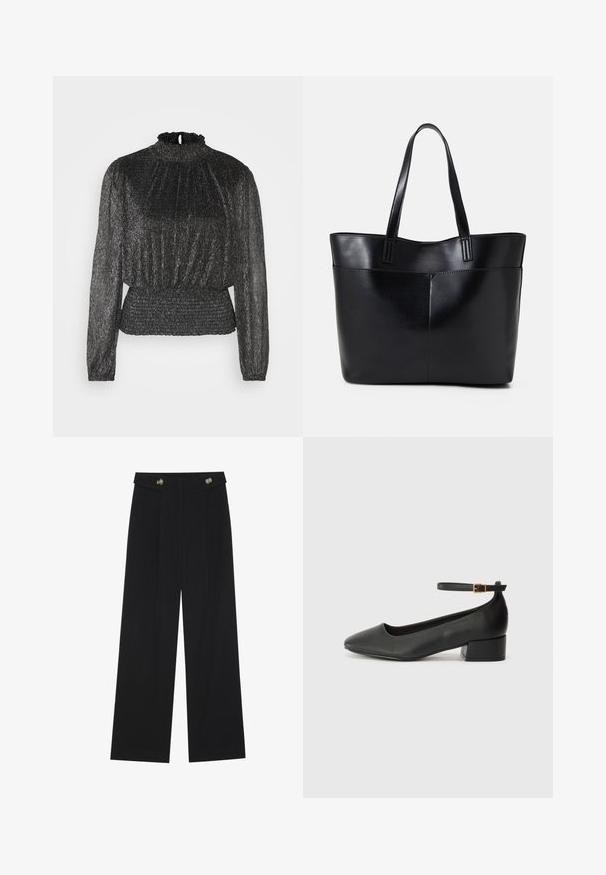 Black long-sleeve top with a gathered neck, pleated texture, and smocked waistband, featuring a subtle metallic sheen throughout.; Black wide-leg trousers with high waist, button details on waistband, and front pleats.; Black leather pump with a pointed toe and a low block heel. Features an ankle strap with a gold-tone buckle. Smooth texture.; Black leather tote bag with two long handles, a smooth texture, and a structured shape. Features a front pocket for additional storage.