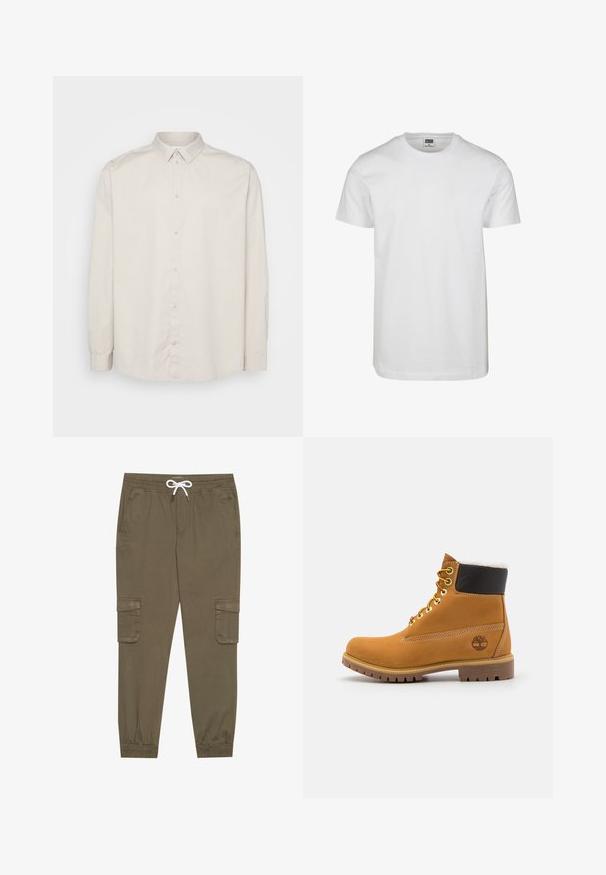 Cămașă cu mânecă lungă, cu nasturi, din bumbac bej deschis. Dispune de un guler clasic, deschidere frontală cu nasturi pe toată lungimea și mansete cu nasturi. Textură netedă.; Tricou alb din bumbac, cu guler rotund, mâneci scurte și o croială relaxată. Eticheta spune "URBAN CLASSICS." Textură netedă, fără modele sau accente.; Pantaloni cargo kaki cu talie elastică și șnur, cu buzunare laterale și gleznă strânsă. Realizați dintr-un material texturat și ușor.; Botină din piele maronie la gleznă, cu ochiuri metalice, căptușeală din blană albă, guler îmblănit negru, talpă robustă și logo embossat pe lateral.