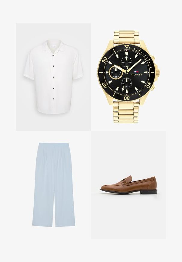 Biela košeľa s krátkym rukávom s golierom a piatimi čiernymi gombíkmi na predu, s hladkou, ľahkou textúrou látky.; Svetlomodré široké nohavice vyrobené z hladkého materiálu, so záhybmi na prednej strane a elastickým pásom pre pohodlie.; Hnedé kožené mokasíny s plochým podpätkom, s dekoratívnym metalickým akcentom na prednej strane, elegantným dizajnom a hladkou textúrou.; Zlatý kovový hodinový strojček s čiernym ciferníkom, svietiacimi značkami a tromi subciferníkmi. Má texturovaný remienok a logo „HILFIGER“ v strede.