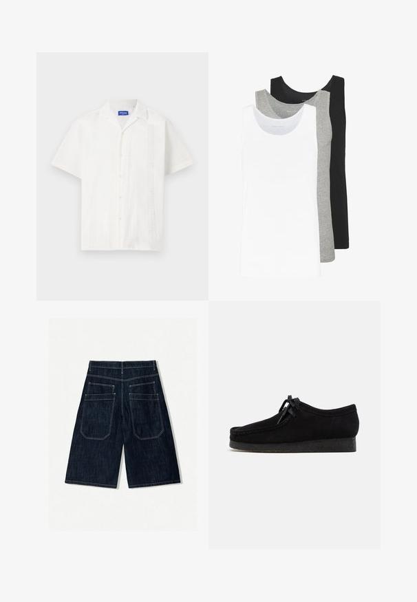 Valkoinen lyhythihainen paita, jossa on napitus, ja etuosassa on monimutkaisia kuvioita sekä klassinen kauluksen muotoilu.; Kolme hihattomaa toppia valkoisena, harmaana ja mustana. Jokaisessa on klassinen hihaton muotoilu, ja ne on valmistettu kevyestä puuvillakankaasta, jossa on ribbausrakenne.; Tummansinisiä farkkushortsit, joissa on löysä malli, kaksi takataskua, kontrastiväriset tikkaukset ja suora lahjemuoto.; Mustat mokkasiinijalkineet, joissa on pyöristetty kärki, nauhakiinnitys edessä ja teksturoitu musta kumipohja. Sileä yläosa, jossa on hienovaraisia ompelutyön yksityiskohtia.