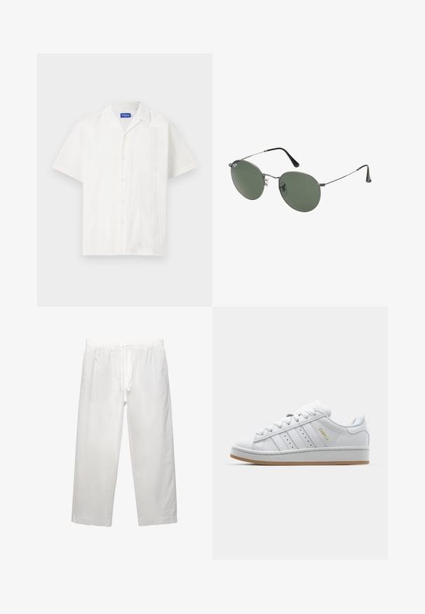 White short-sleeve shirt with button closure, featuring intricate patterns along the front and a classic collar design.; White cotton t-shirt with short sleeves, crew neckline, and a relaxed fit. Smooth texture with no visible patterns or accents.; White linen pants featuring an elastic waistband with drawstring, wide leg design, and clean seams. Smooth texture with casual fit.; White sneaker with perforated three-stripe design, textured accents, a rubber sole, and "CAMPUS" logo in gold on the side.; Metal-framed sunglasses with oval green lenses. Thin silver metal frame and black ear tips. Minimalist design, no visible logos.