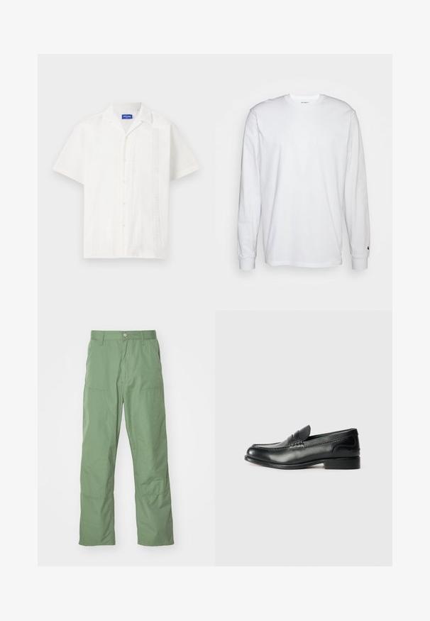 Weißes Kurzarmhemd mit Knopfverschluss, das komplizierte Muster an der Vorderseite und ein klassisches Kragendesign aufweist.; Weißes Langarm-T-Shirt aus Baumwolle. Rundhals-Design mit gerippten Bündchen und kleinem Logo auf dem linken Ärmel. Glatte Textur.; Hellgrüne, lässige Hose mit glatter Textur, ausgestattet mit Seitentaschen und sichtbaren Nähten. Vollständig lang mit geradem Bein.; Schwarze Lederloafers mit glatter Oberfläche, gesteppten Details über dem Vorderblatt und einem leicht erhöhten Absatz.