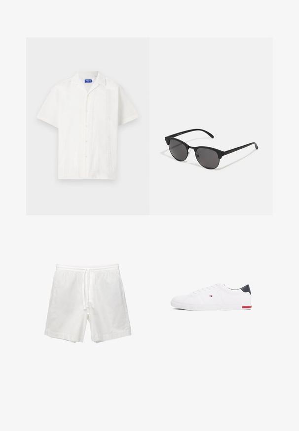 Biela košeľa s krátkym rukávom a zapínaním na gombíky, obsahujúca zložitý vzor na prednej strane a klasický dizajn goliera.; Biele bavlnené šortky s elastickým pásom a šnúrkou, bočnými vreckami a rovným strihom so zaoblenými okrajmi.; Biele nízkoprevádzkové tenisky vyrobené z hladkej kože. Majú námornícke zadočnú časť a červený akcent na podrážke. Šesť dierok na šnúrky.; Čierne slnečné okuliare s okrúhlymi šošovkami, matným povrchom a charakteristickým tvarom mačacích očí. Úzke ramená s nenápadným brandingom na ľvom chráničku.