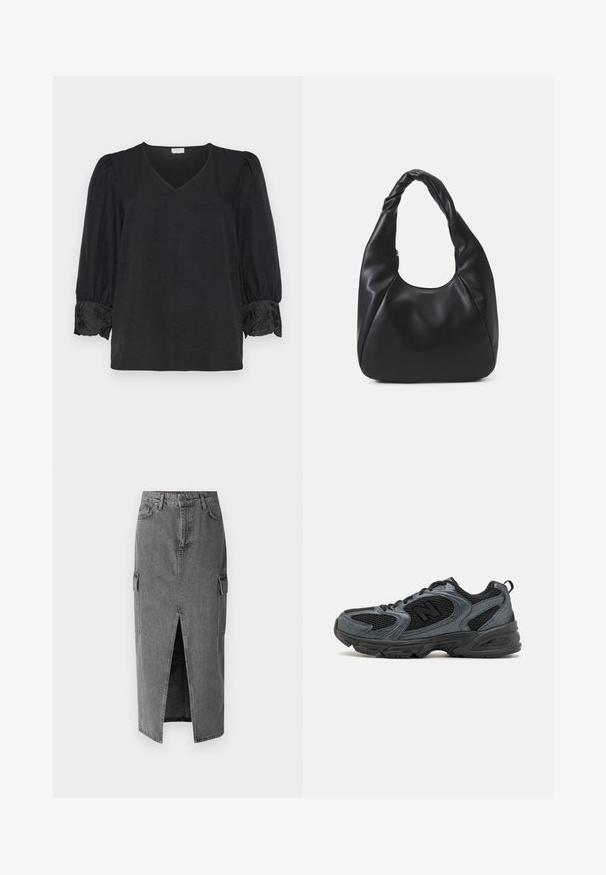 Crna bluzica s V-izrezom i rukavima do tri četvrtine u obliku puža. Sadrži izvezene detalje na rukavima. Mekana, teksturirana tkanina.; Siva traper midi suknja s ravnim siluetom, dvije bočne džepove i prednji prorez za lakše kretanje. Klasična traper tekstura.; Crne i sive sportske cipele s teksturiranim mrežastim gornjim dijelom, gumenenim potplatom i potporom. Imaju logo i sustav vezivanja.; Crna torba hobo napravljena od glatkog materijala nalik koži s uvrnutom drškama, s mekim, zaobljenim oblikom i zatvaranjem na vrhu sa patentnim zatvaračem.