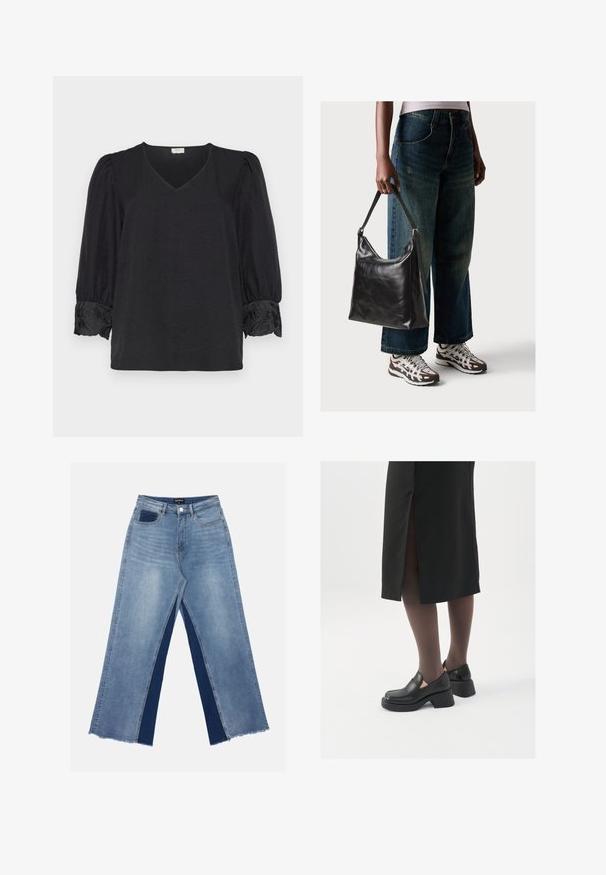 Fekete blúz V kivágással és háromnegyedes puff ujjakkal. Hímzett részletekkel a mandzsettákon. Puha, texturált anyag.; Világoskék, bőszárú farmernadrág, kontrasztos sötétkék panelekkel, szálkás szegélyekkel, valamint normál derekú, fém gombos záródással.; Fekete bőr cipők lekerekített orral, vastag blokk sarkakkal és elasztikus oldalsó díszítésekkel, sötét harisnyával és hasítékkal ellátott fekete szoknyával párosítva.; Fekete bőr válltáska sima textúrával és állítható pánttal, melyet elnyűtt, bő szárú farmernadrággal és sportcipőkkel párosítottak.