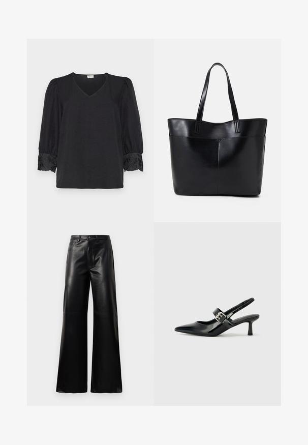 Svart bluse med V-hals og trekvart puffermer. Har broderte detaljer ved mansjettene. Mykt, strukturert stoff.; Sorte høy midje vide ben bukser i imitert skinn med knapp foran, glidelås, beltehemper og sidelommer på hvit bakgrunn.; Svarte patent lær slingback hæler med spiss tå og en liten blokkheel, med en sølvspenne som detalj på stroppen.; Svart lær toteveske med to lange håndtak, en glatt tekstur og en strukturert form. Har en frontlomme for ekstra oppbevaring.