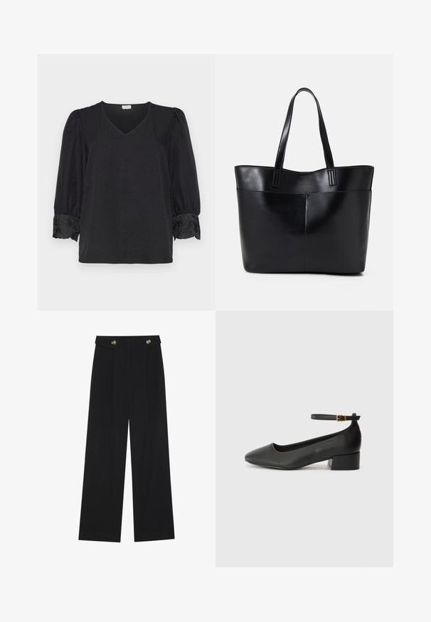 Melna blūze ar V-veida kaklu un trīs ceturtdaļu pufo piedurknēm. Ar izšūtām detaļām pie aprocēm. Mīksta, teksturēta auduma.; Melnas platās bikses ar augstu jostasvietu, pogu detaļām uz jostas un priekšējām krokām.; Melnas ādas sūkņi ar smailu purngalu un zemu bloku papēdi. Iezīmēts ar potītes siksniņu ar zelta krāsas sprādzi. Gluda tekstūra.; Melnas ādas iepirkumu soma ar divām garām rokturām, gludu tekstūru un strukturētu formu. Iekļauj priekšējo kabatu papildu uzglabāšanai.