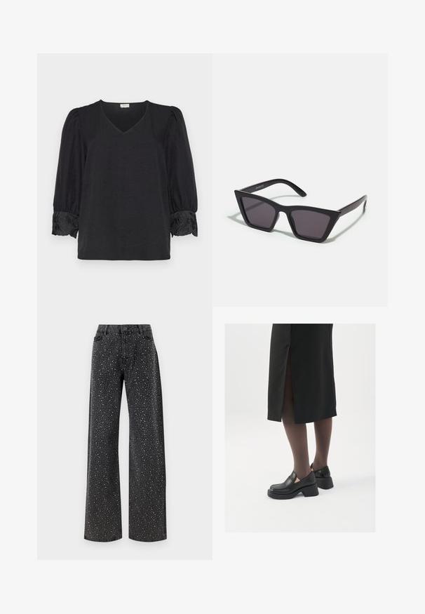 Črna bluzica z V-izrezom in rokavi do tri četrtine puff. Ima vezenine na manžetah. Mehka, teksturirana tkanina.; Noisy May NMJANNEL LOOSE - Široke kavbojke - black denim; Črne usnjene čevlje s zaobljenim prstom, debelim blokastim petama in elastičnimi stranskimi detajli, v kombinaciji s temno nogavicami in črno krilo z razporkom.; Črne, angularne sončne očala z sivimi lečami; izdelana iz plastike, imajo debele ročke z gladko površino in brez vidne opreme.; Srebrne uhane v obliki obroča z minimalističnim dizajnom. Krožna oblika, gladka tekstura in tanek profil. Lahki s poliranim zaključkom.