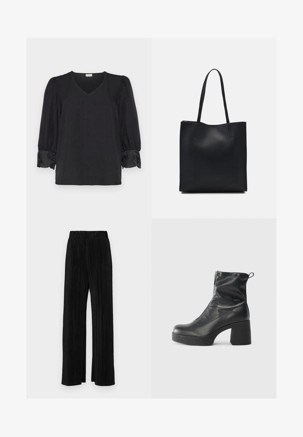 Blusa preta com decote em V e mangas bufantes de três quartos. Apresenta detalhes bordados nos punhos. Tecido suave e texturizado.; Calças pregueadas pretas com uma cintura elástica. Apresentam pernas largas e um tecido liso, texturizado com riscas verticais.; Botas de tornozelo pretas feitas de couro liso, com fecho lateral, salto grosso texturizado e design de bico arredondado.; Bolsa tote preta em couro com textura lisa, forma retangular e duas alças longas. Sem hardware ou enfeites visíveis.