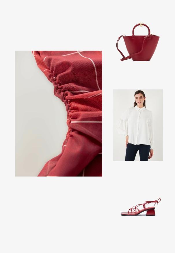 Hvid langærmet bluse med knapfront, krave og samlede elastiske manchetter. Glat stof og flydende design.; Rød, struktureret stof med samlet detaljer og hvide linjemønstre, der viser et glat og lidt glansfuldt udseende.; Rød hæl sandal lavet af glansede materialer. Har en firkantet tå, et indviklet snøredesign og en kraftig blokhæl.; Rød læderhåndtaske med en afrundet top, struktureret kegleform, en kort håndtag og en aftagelig skulderrem. Har gyldne hardware-detaljer.