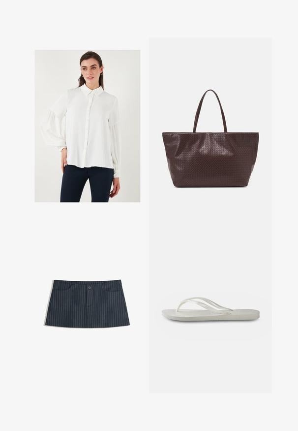 Blusa bianca a maniche lunghe con bottone frontale, colletto e polsini in elastico arricciati. Tessuto morbido e design fluido.; Mini gonna blu navy a righe con tasche frontali e una chiusura con un singolo bottone in vita.; Infradito bianchi con suola testurizzata, caratterizzate da cinghie sottili e design piatto. Realizzate in gomma con un logo sottile sulla soletta.; Borsa tote in pelle intrecciata marrone con due manici, dalla forma strutturata e superficie texturizzata, caratterizzata da un motivo a diamante in tutto il suo corpo.