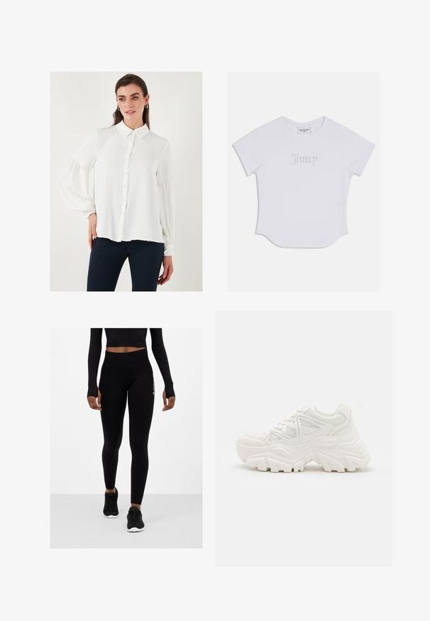 White long-sleeve blouse with a button-down front, collar, and gathered elastic cuffs. Smooth fabric and flowing design.; White short-sleeve T-shirt with rounded hem, featuring "Juicy" in crystal embellishments on the front. Soft cotton material.; Black leggings with a high waistband, textured fabric, and snug fit, paired with black athletic shoes. Upper half partially covered by a crop top.; White chunky sneakers featuring a textured upper, mesh panels, and thick rubber soles with prominent tread pattern. Laces and pull tab included.