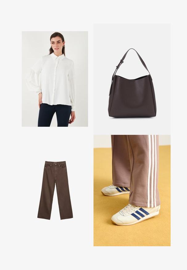 Bela bluzica z dolgimi rokavi z gumbom na sprednji strani, ovratnikom in nabrano elastično manšeto. Gladko blago in tekoč dizajn.; Široke rjave kavbojke iz denima, ki imajo visok pas, sprednje žepe in klasično zapiranje na gumb. Gladka tekstura s subtilnim šivom.; Kremni športni copati z modrimi usnjenimi črtami, belimi vezalkami in gumijastim podplatom. V kombinaciji s sivimi trenirkami z belimi stranskimi črtami.; Vero Moda VMLANE - Torba za nakupovanje - chocolate torte