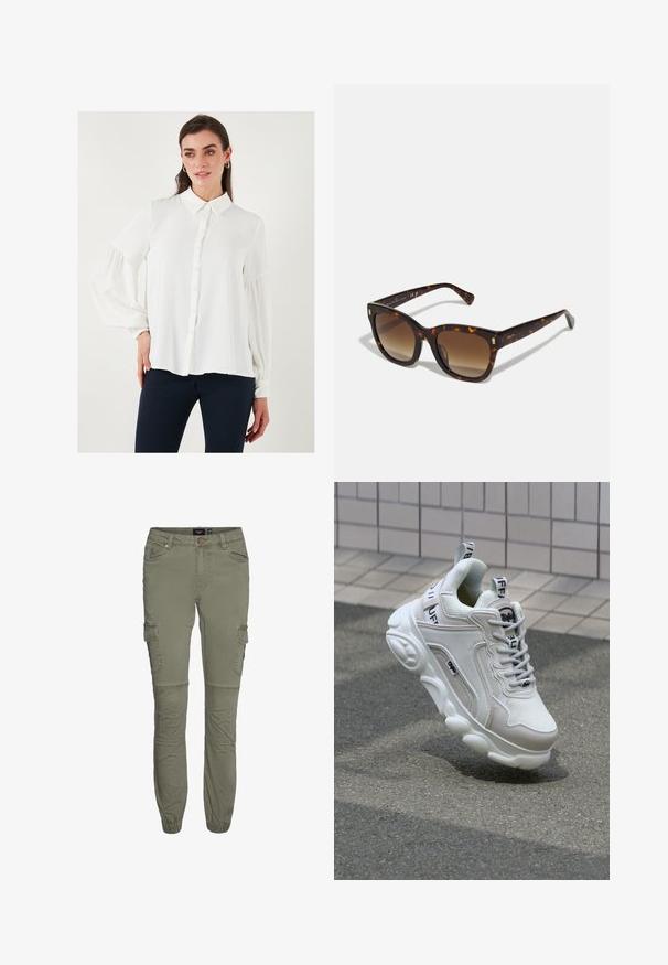 Biała bluzka z długim rękawem, zapinana na guziki z kołnierzykiem i elastycznymi, marszczonymi mankietami. Gładki materiał i zwiewny fason.; Olive zielone spodnie cargo z wytrzymałej bawełny o tapered mankietach, z wieloma kieszeniami i plisami na kolanach dla większej swobody ruchów.; Białe trampki wykonane z siateczki i skóry, z zaokrąglonym noskiem, grubą podeszwą, wyraźnymi sznurowadłami oraz logotypem na pięcie i języku.; Okulary przeciwsłoneczne w kształcie kwadratu w kolorze borsuczym z gradientowymi brązowymi soczewkami, zdobione złotymi akcentami na zausznikach oraz grubą, błyszczącą ramką.