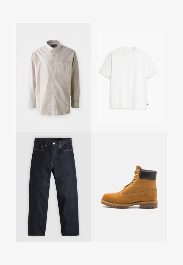 Helle beige Knopfhemd mit vertikalen weißen Streifen, langen Ärmeln und einer Brusttasche; aus Baumwolle mit einer glatten Textur gefertigt.; Weißes Baumwoll-T-Shirt mit kurzen Ärmeln, Rundhalsausschnitt und dezentem Levi's-Logo in der Mitte. Weicher Stoff und normale Passform.; Dunkelblaue Jeans aus Denim mit geradem Schnitt, fünf Taschen, kontrastierenden orangen Nähten und einem Knopfverschluss. Keine sichtbaren Muster oder Verzierungen.; Beige Wildleder-Ankle-Boot mit schwarzem gepolstertem Kragen, goldenen Metallösen, weißen Nähdetalben und einer robusten Gummisohle mit ausgeprägtem Profil.