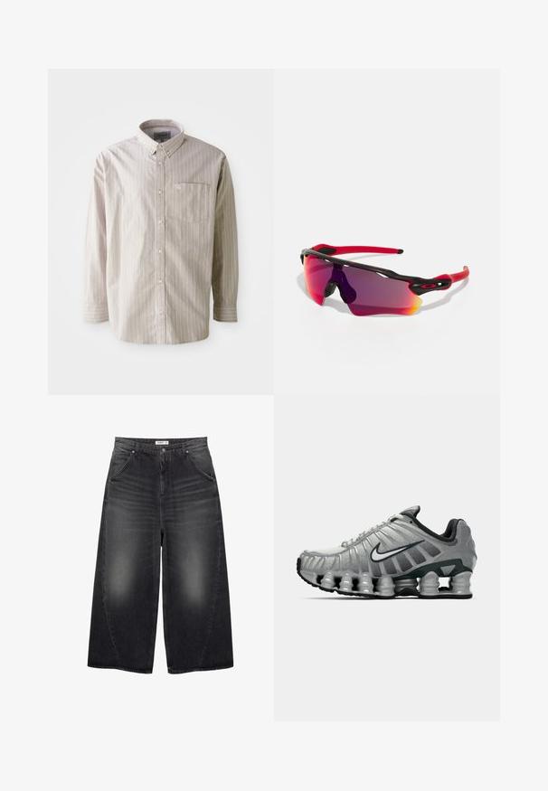 Světlé béžové košilové tričko s vertikálními bílými pruhy, dlouhými rukávy a kapsou na prsou; vyrobeno z bavlny s hladkým povrchem.; Bílý bavlněný top na ramínka s kulatým výstřihem, širokými ramínky a rovním lemem, s hladkou texturou a bez viditelných vzorů.; PULL&BEAR MEGA BAGGY - Baggy džíny - black; Šedá a černá běžecká obuv Nike s viditelným odpružením podobným pružině pod podrážkou a bílým logem swoosh na boku.; Oakley RADAR PATH UNISEX - Sluneční brýle - 100t matte black