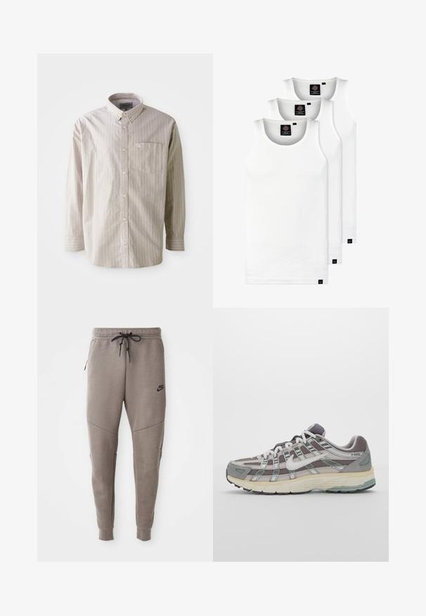 Light beige button-up shirt with vertical white stripes, long sleeves, and a chest pocket; made from cotton with a smooth texture.; Three white ribbed tank tops made of cotton. Features a crew neck and small black labels near the hem. Available in multiple sizes.; Gray Nike sweatpants with a drawstring waistband, tapered legs, side pockets, and distinct seam detailing. Soft, textured fabric.; Gray athletic shoe featuring a mesh and suede upper, white accents, a cushioned sole, and a distinctive design with reflective elements.