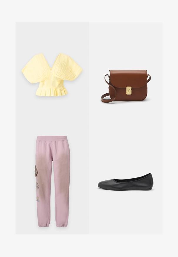 Sea ZORA SOLID PLEATED - Blouse - butter; White short-sleeve t-shirt made of ribbed fabric. Round neckline, regular fit, and subtle stitching details. No patterns or graphics.; Pink sweatpants with an elastic waistband, featuring decorative patches in diamond shapes on the left side and elastic cuffs at the ankles.; Black leather ballet flat with a rounded toe, smooth texture, minimal stitching detail, and a flexible sole design.; Brown leather handbag with a flap closure, gold-tone hardware, a shoulder strap, and a smooth texture. Compact rectangular shape.