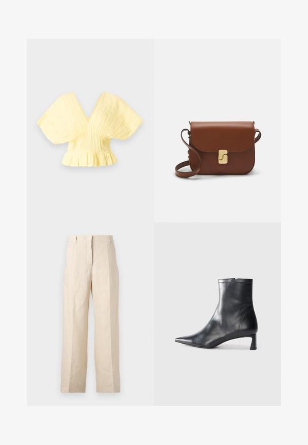 Sea ZORA SOLID PLEATED - Blouse - butter; Beige linen trousers with a loose fit, pleated front, and straight legs. Features a waistband with belt loops and no visible pockets.; Black leather ankle boot with a pointed toe and a sleek design. Features a low heel and a zipper closure at the back. Smooth texture.; Brown leather handbag with a flap closure, gold-tone hardware, a shoulder strap, and a smooth texture. Compact rectangular shape.