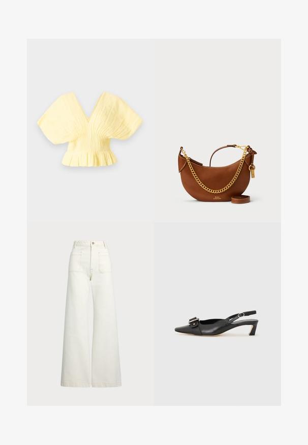 Sea ZORA SOLID PLEATED - Camicetta - butter; Jeans a gamba larga in denim bianco sporco. Design a vita alta con chiusura a bottone, due tasche frontali e dettagli di cucitura a contrasto.; Scarpa slingback in pelle nera con punta affusolata, tacco basso e dettaglio decorativo a fibbia sulla parte superiore. Texture liscia, design minimalista.; Borsa a mano in pelle marrone con un design curvo, tracolla in catena dorata, tasca interna e tracolla rimovibile. Presenta cuciture a contrasto.