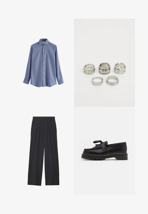Langærmet skjorte i blå og hvid ternet mønster. Har en klassisk krave, knaplukning foran og blå knapper. Materialet er en bomuldsblandning.; Vidder bukser lavet af mørkegrå stof. Har folder ved taljen, et skræddersyet design og en lige silhuet.; Sort læderloafer med en frynsedetalje, der har en kraftig sort sål og gul syninger langs kanten. Teksturert overflade.; Sæt af fem sølvringe med forskellige designs: et kædemønster, en glat ring, en prikket ring og åbenstillet accent.