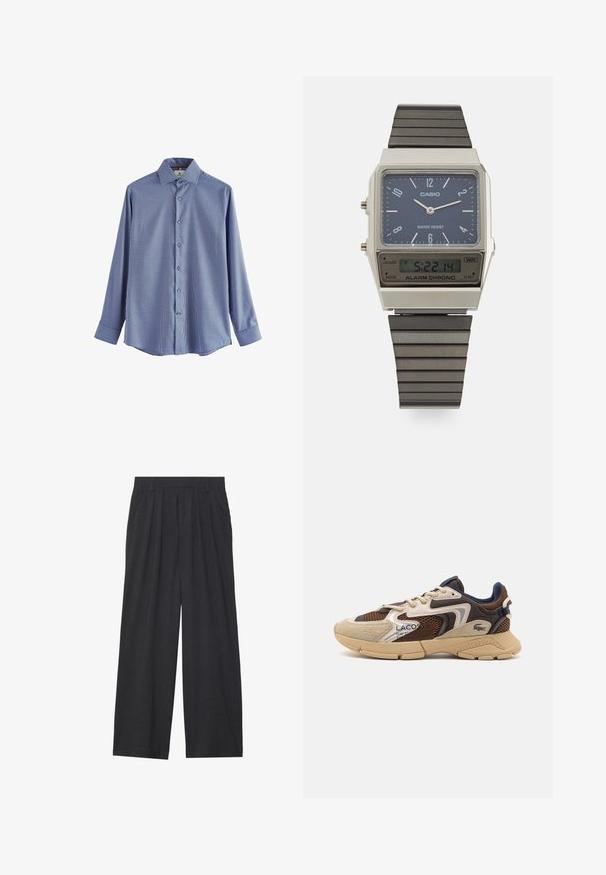 Pitkähihaisen paidan sinivalkoinen ruutukuosi. Ominaisuuksiin kuuluu klassinen kaulus, nappikiinnitys edessä ja siniset napit. Puuvillasekoitemateriaali.; Suorat lahkeet valmistettu tummanharmaasta kankaasta. Ominaisuuksiin kuuluu laskokset vyötäröllä, muotoilu on siisti ja siluetti suora.; Beige ja pruun tennised tekstuursete võrgupaneelidega, sametised aktsendid ja kummist talla. Omab nöörimise disaini ja bränditud detaile.; Casio digitaalikello, jossa on sininen kellotaulu, hopeinen kuori ja kerroksellinen musta kumihihna. Näyttää ajan ja hälytysasetukset. Vedenkestävä.