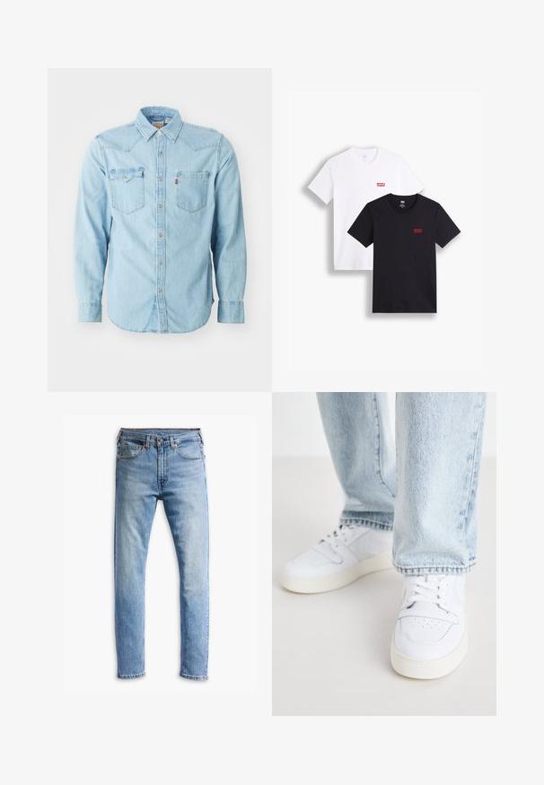 Cămașă din denim albastru deschis cu mânecă lungă, guler ascuțit, două buzunare pe piept, nasturi din metal argintiu și cusături contrastante. Textură netedă.; Două tricouri cu mânecă scurtă: unul alb și unul negru. Ambele sunt din bumbac cu un logo roșu Levi's pe piept. Design simplu cu guler rotund.; Blugi din denim de un albastru deschis, cu un design cu croială dreaptă, cinci buzunare, închidere cu nasture și o decolorare subtilă pe material.; Sneakers albe din piele, cu partea superioară joasă, vârful perforat, șireturi plate și un design minimalist. Combinat cu blugi din denim albastru deschis.