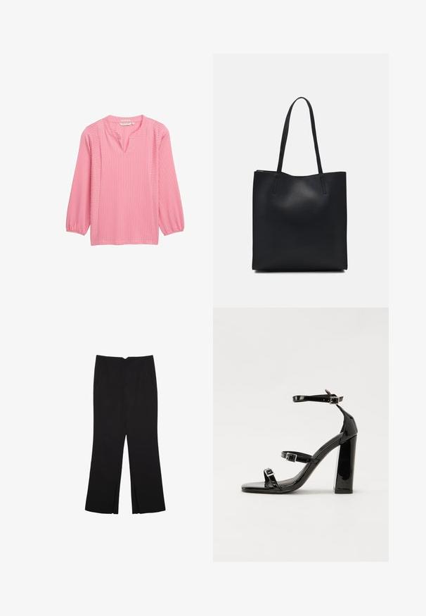 Rosa Langarmbluse mit vertikalen weißen Streifen, V-Ausschnitt und Puffärmeln. Hergestellt aus leichtem Stoff mit glatter Textur.; Schwarze Hose mit geradem Schnitt, ausgestattet mit Fronttaschen und Seitenschlitzen am Saum. Hergestellt aus weichem, glattem Stoff. Geeignet für verschiedene Anlässe.; Schwarze patentierte Sandalen mit Absatz, quadratischer Spitze, Knöchelriemen und silbernen Schnallen. Mit einem stabilen Blockabsatz für mehr Stabilität.; Schwarze Laptoptasche aus Leder mit glatter Textur, rechteckiger Form und zwei langen Griffen. Keine sichtbaren Beschläge oder Verzierungen.