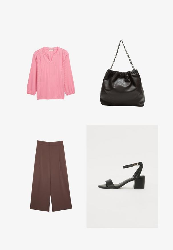 Blusa rosa a maniche lunghe con righe bianche verticali, scollo a V e maniche a sbuffo. Realizzata in tessuto leggero con una texture liscia.; Pantaloni ampi marroni con una texture liscia, caratterizzati da una vita alta e pieghe frontali. Il tessuto è leggero e scorre liberamente.; Sandalo nero con tacco alto, caratterizzato da una tomaia in pelle liscia, punta aperta, ampie fasce frontali e cinturino a caviglia regolabile con un dettaglio in fibbia dorata.; Borsa in pelle marrone con parte superiore arricciata e tracolla a catena. Texture liscia con finitura lucida e dettagli di cucitura sottili sui lati.