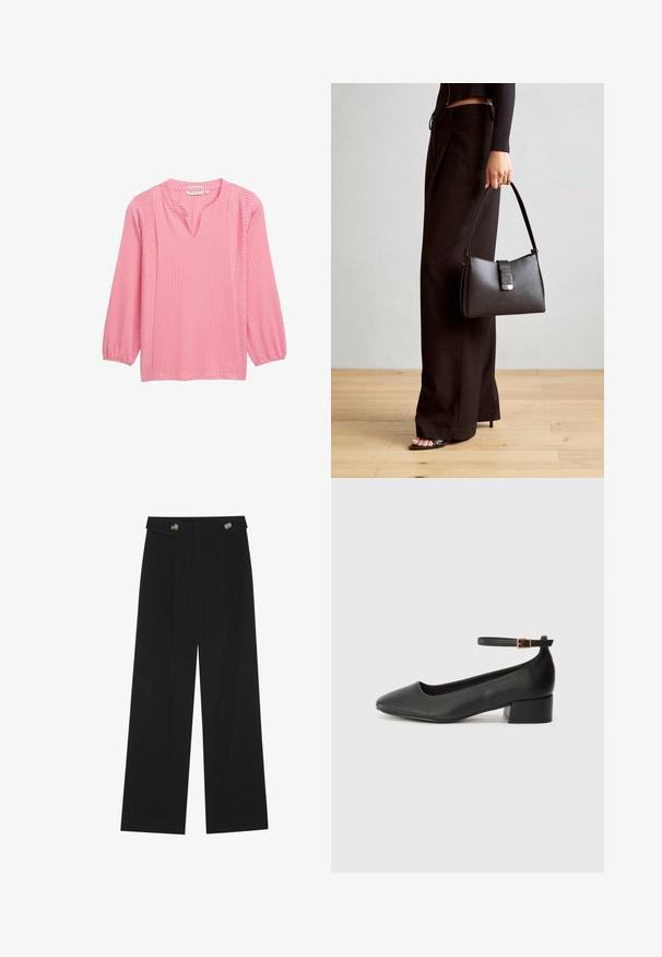 Roosa pikkade varrukatega pluus, millel on vertikaalsed valged triibud, V-kaelus ja puhv-ühendused. Valmistatud kergest kangast, mille tekstuur on sile.; Mustad laiad püksid kõrge vöökoha ja nööpdetailidega vööandil, esikortsudega.; Must mustaapp, millel on terav nina ja madal blokk-kand. Omab pahkluu rihma koos kuldse tooni pandlaga. Sile tekstuur.; Must musta kott, millel on struktureeritud kuju, sile tekstuur ja metallist klamber. Kombineeritud laiate mustade pükstega ja avatud varvaste sandaalidega puidust põrandal.