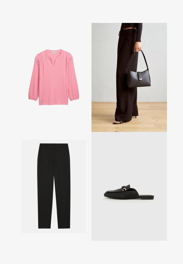 Rosa Langarmbluse mit vertikalen weißen Streifen, V-Ausschnitt und Puffärmeln. Hergestellt aus leichtem Stoff mit glatter Textur.; Schwarze Hosen mit taillierter Passform, ausgestattet mit seitlichen Taschen und geradem Bein. Hergestellt aus glattem, leichtem Stoff mit einem eleganten Finish.; Schwarze Slippers aus glattem Leder. Mit runder Zehenpartie, einem dekorativen geflochtenen Riemen und einem kleinen goldenen Akzent. Flache Sohle.; Schwarze Handtasche mit strukturierter Form, glatter Textur und einem metallischen Verschluss. Kombiniert mit weiten schwarzen Hosen und offenen Sandalen auf einem Holzboden.
