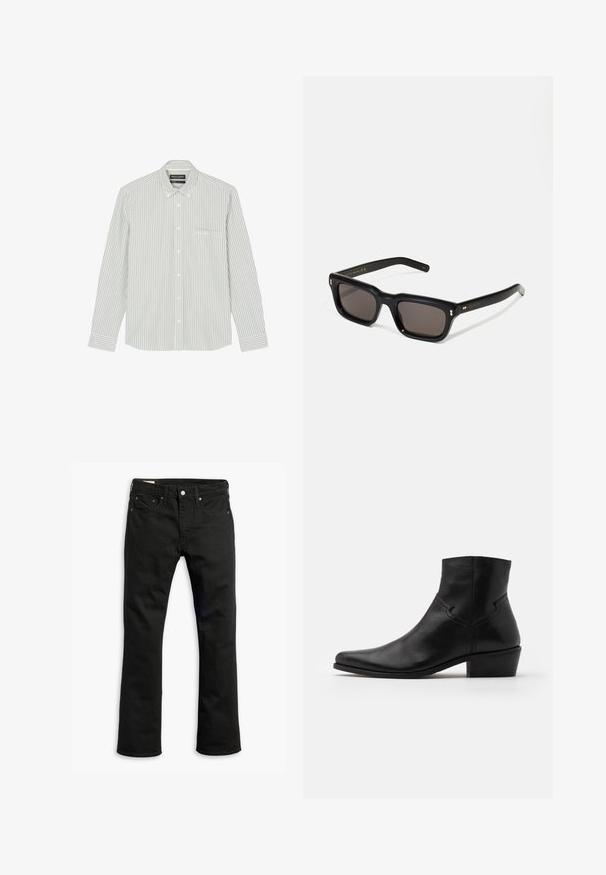 Svetlozelená a biela prúžkovaná košeľa s dlhým rukávom, s golierom na gombíky, prednou náprsníkovou vreckom a gombíkovým zapínaním.; Čierne džínsy z denimu so strihom rovného nohu, s piatimi vreckami, kovovým zapínaním a jemnými prešitými detailmi. Hladká textúra a jednofarebný vzhľad.; Čierna koženková členková obuv s špicatou špičkou, minimálnymi švovými detailmi, stredne vysokým blokovým podpätkom a hladkým, lesklým povrchom.; Čierne obdĺžnikové slnečné okuliare s tmavými sklami, hrubým plastovým rámom, zlatými detailami na spánkoch a vygravírovaným logom značky na ramene.
