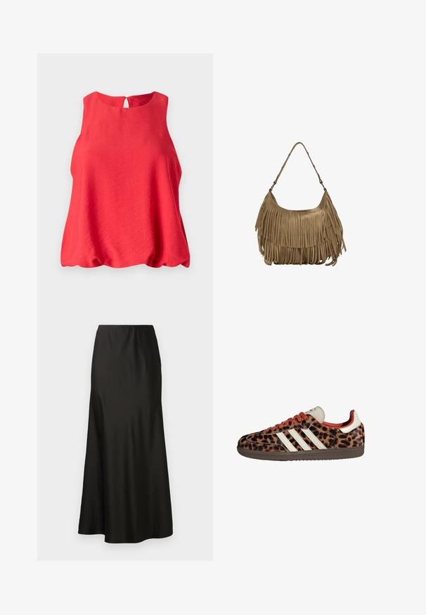 Top roșu fără mâneci, cu guler rotund și spate cu tăietură în formă de cheia. Fabricat dintr-un material ușor, având o croială lejeră și fluidă, cu o textură moale.; Fustă maxi din satin negru cu o textură netedă, talie înaltă și poale evazate. Prezintă un design simplu, fără modele sau accesorii vizibile.; Adidași cu imprimeu de panteră, din material de suede, cu șireturi roșii și trei dungi albe pe lateral. Au un limbă de culoare crem și talpă maro.; Geantă de umăr din nubuc maro, cu detalii lungi din franjuri, de formă curbată și cu un singur mâner. Prezintă o suprafață netedă, texturată.
