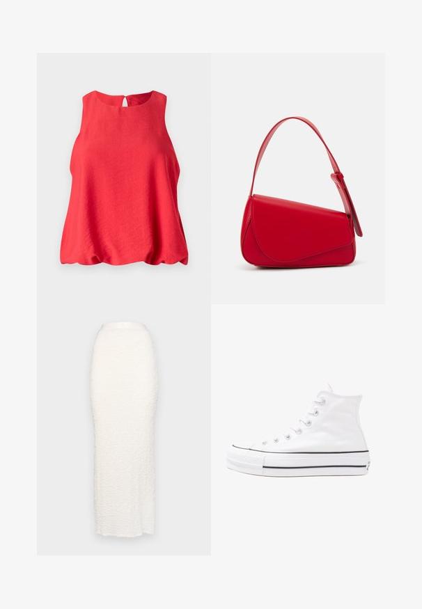 Red sleeveless top with a round neckline and a keyhole back. Made of lightweight fabric, featuring a flowing, loose fit and soft texture.; Gina Tricot STRUCTURE MAXI SKIRT - Maxi skirt - white; White high-top canvas sneaker with black rubber sole, front rubber toe cap, and six eyelets for laces, featuring a clean, minimalist design.; Red leather handbag with an angular, geometric design. Features a single adjustable strap and a flap closure with stitched detailing.