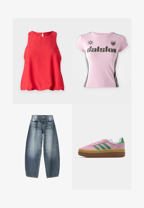 Piros ujjatlan felső, kerek nyakkivágással és kulcslyuk hátú dizájnnal. Könnyű anyagból készült, laza, lengedező szabású és puha tapintású.; Rózsaszín, rövid ujjú póló fekete "Dalston" felirattal, sötétzöld logóval és oldalsó csíkokkal. Simogatós, nyújtható anyagból készült.; Világoskék denim anyagból készült bővülő szárú farmernadrág, amelyen elhalványulások találhatók, öt zsebbel, gombos záródással és minimális varrási részletekkel.; Rózsaszín zamákból készült sportcipő zöld csíkokkal, fehér díszítéssel és barna gumi talppal. Texturált anyaggal és logóval ellátott részletekkel az oldalon.