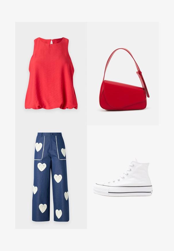 Rode mouwloze top met een ronde halslijn en een sleutelgat-achterkant. Gemaakt van lichtgewicht stof, met een vloeiende, losse pasvorm en een zachte textuur.; Sister Jane HEART TO HEART - Straight leg jeans - blue denim; Witte high-top canvas sneakers met een zwarte rubberen zool, een rubberen neuskap aan de voorkant en zes gaatjes voor veters, met een schone, minimalistische uitstraling.; Rode leren handtas met een hoekig, geometrisch ontwerp. Beschikt over een enkele verstelbare schouderriem en een klepclosure met gestikte details.