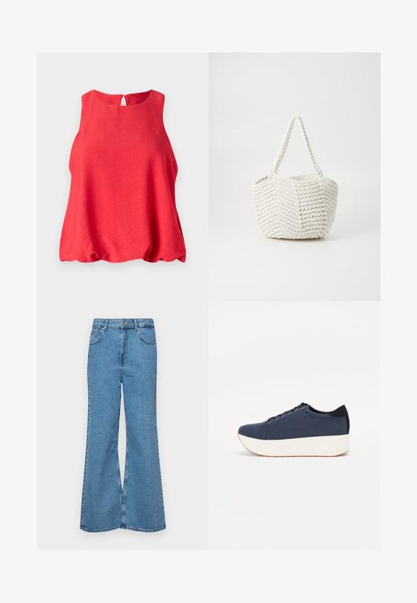 Rode mouwloze top met een ronde halslijn en een sleutelgat-achterkant. Gemaakt van lichtgewicht stof, met een vloeiende, losse pasvorm en een zachte textuur.; Lichtblauwe flared jeans van denim, met een hoge taille, vijf zakken en een enkele knoopsluiting. Zachte textuur met een vervaagde afwerking.; Marineblauwe sneaker met een textuurstof bovenwerk, witte platformzool, ronde neus en zwart hakaccent. Voorzien van zes gaatjes voor veters.; Geweven witte handtas met een textuurafwerking, voorzien van twee handvatten en een gestructureerde vorm, geschikt voor casual gebruik.