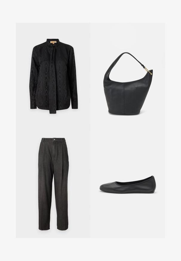 Schwarze Bluse aus glattem Stoff, mit einem dezenten, tonalen Muster, langen Ärmeln, einem Stehkragen und einer Schnürung am Hals.; Dunkelgraue Denim-Hosen mit hoher Taille, Falten vorne, geraden Beinen und einem einzigen Knopfverschluss am Bund.; Schwarze Leder-Ballettschuhe mit abgerundeter Spitze, glatter Textur, minimalen Nähdetails und einem flexiblen Sohlen-Design.; Schwarze Lederhandtasche mit abgerundeter Form, breitem Tragegurt und strukturiertem Finish. Besitzt eine subtile Nahtdetails und einen Akzent aus goldfarbenem Metall.