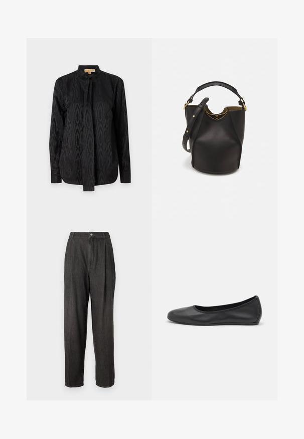 Schwarze Bluse aus glattem Stoff, mit einem dezenten, tonalen Muster, langen Ärmeln, einem Stehkragen und einer Schnürung am Hals.; Dunkelgraue Denim-Hosen mit hoher Taille, Falten vorne, geraden Beinen und einem einzigen Knopfverschluss am Bund.; Schwarze Leder-Ballettschuhe mit abgerundeter Spitze, glatter Textur, minimalen Nähdetails und einem flexiblen Sohlen-Design.; Schwarze Leder-Eimerhandtasche mit strukturierter Oberfläche, goldenen Hardware-Akzenten und offenem Design. Verfügt über einen kurzen Griff und einen verstellbaren Schultergurt.