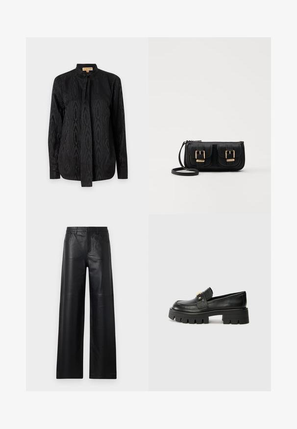 Blusa negra de tejido suave, con un sutil patrón tonal, mangas largas, cuello alzado y cierre de lazo en el cuello.; Pantalones de cuero negro de pierna ancha con una textura suave, que cuentan con bolsillos frontales, cierre de botón y sutiles detalles de costura.; Mocasines de cuero negro con una suela gruesa, que presentan un acento en tono dorado en la parte delantera y un acabado suave. Diseño de suela con dibujo grueso.; Bolso cruzado de cuero negro con dos bolsillos frontales, hebillas doradas, cierre de cremallera y una correa delgada. Superficie texturizada y forma rectangular compacta.