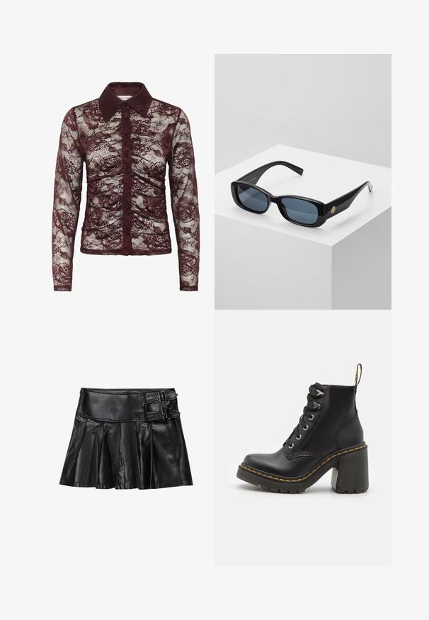 Bordo nėriniuota palaidinė su ilgomis rankovėmis, su apykaklės iškirpte, mygtukų uždarymu ir gėlių raštu bei surinktų detalių.; Juodas odinis sijonas su kiekiais, platus liemuo ir dvi sagties detalės šone. Lygi tekstūra su blizgiu paviršiumi.; Juodos odinės kulkšninių botų su masyviu aukštu kulnu, raištelių uždarymu, metaliniais akies ir geltonais siūlais aplink pado kraštą. Grubus gumos padas.; Juodos stačiakampės saulės akinios su tonuotais mėlynais objektyvais, storais rėmeliais ir auksiniu apvaliu akcentu šone. Glotni, blizganti apdaila.; Bordo rankinė, pagaminta iš sintetinių medžiagų, su struktūrizuotu dizainu, turinti nuimamą dirželį ir gėlių raštą turinčią skarą, pririštą prie rankenos.