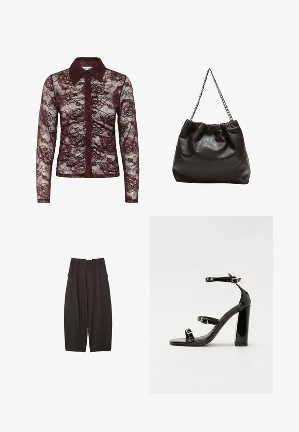 Burgunderfarvet bluse i blonde med lange ærmer, der har krave, knaplukning og blomster mønster med rynkede detaljer.; Sorte brede bukser lavet af et glat stof, med høj talje, forfaldne folder og sidelommer. Simpelt design uden udsmykninger.; Sorte patenterede hælsandaler med firkantet tå, ankelremme og sølvspænder. Har en chunky blokHæl for stabilitet.; Brun lædertaske med en rynket top og en kædestrop. Glat tekstur med en blank finish og subtile sømdetaljer på siderne.