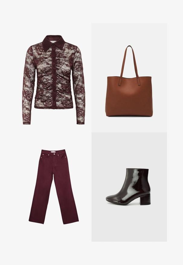 Burgundy lace blouse with long sleeves, featuring a collared neckline, button closure, and floral pattern with gathered detailing.; Burgundy high-waisted jeans with straight leg design, featuring front pockets, a button closure, and copper-tone hardware accents.; Black patent leather ankle boots with a pointed toe and a chunky heel. Smooth texture with a subtle sheen and clean lines, minimalist design.; Brown leather tote bag with a smooth texture, open top design, and two shoulder straps. Features minimal stitching and no visible hardware.