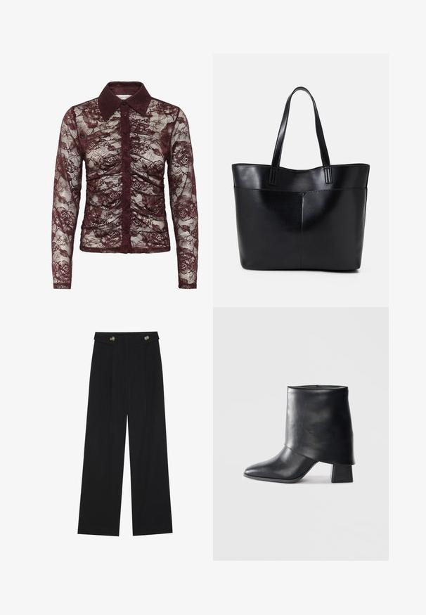 Burgunderfarvet bluse i blonde med lange ærmer, der har krave, knaplukning og blomster mønster med rynkede detaljer.; Sorte vide bukser med høj talje, knapdetaljer på taljebåndet og frontfald.; Sort læder ankelstøvle med spids tå, glat tekstur og en struktureret blokhæl. Har et højt, foldet kravedesign.; Sort læder tote taske med to lange håndtag, en glat tekstur og en struktureret form. Har en forlommem for ekstra opbevaring.