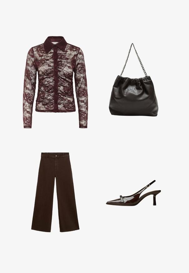 Blusa in pizzo bordeaux con maniche lunghe, dotata di colletto, chiusura con bottoni e motivo floreale con dettagli arricciati.; Pantaloni larghi marroni in misto cotone, caratterizzati da orlo sfrangiato, chiusura frontale con bottone e classico design a cinque tasche. Minimalisti e versatili.; Scarpa slingback in pelle verniciata marrone con punta appuntita, tacco basso e un accentuato fiocco decorativo nella parte anteriore. Texture liscia e lucente.; Borsa in pelle marrone con parte superiore arricciata e tracolla a catena. Texture liscia con finitura lucida e dettagli di cucitura sottili sui lati.
