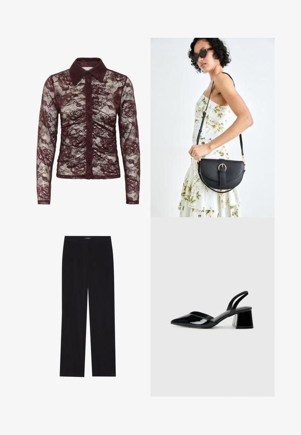 Bordo nėriniuota palaidinė su ilgomis rankovėmis, su apykaklės iškirpte, mygtukų uždarymu ir gėlių raštu bei surinktų detalių.; Juodi švelnūs štrichiniai džinsai su tiesiu kirpimu, plokščiu liemeniu ir be matomų kišenių, su glotnia tekstūra ir vertikaliu briaunavimu.; Juodos lakuotos odinės šlepetės su smailiu pirštu ir geometriniu bloko kulnu. Turi elegantišką, minimalistinį dizainą ir lygų paviršių.; Juodas odinis krepšys su išlenkta forma, nuimamu dirželiu ir auksiniais detalėmis. Krepšys turi kilpą su sagtimi.